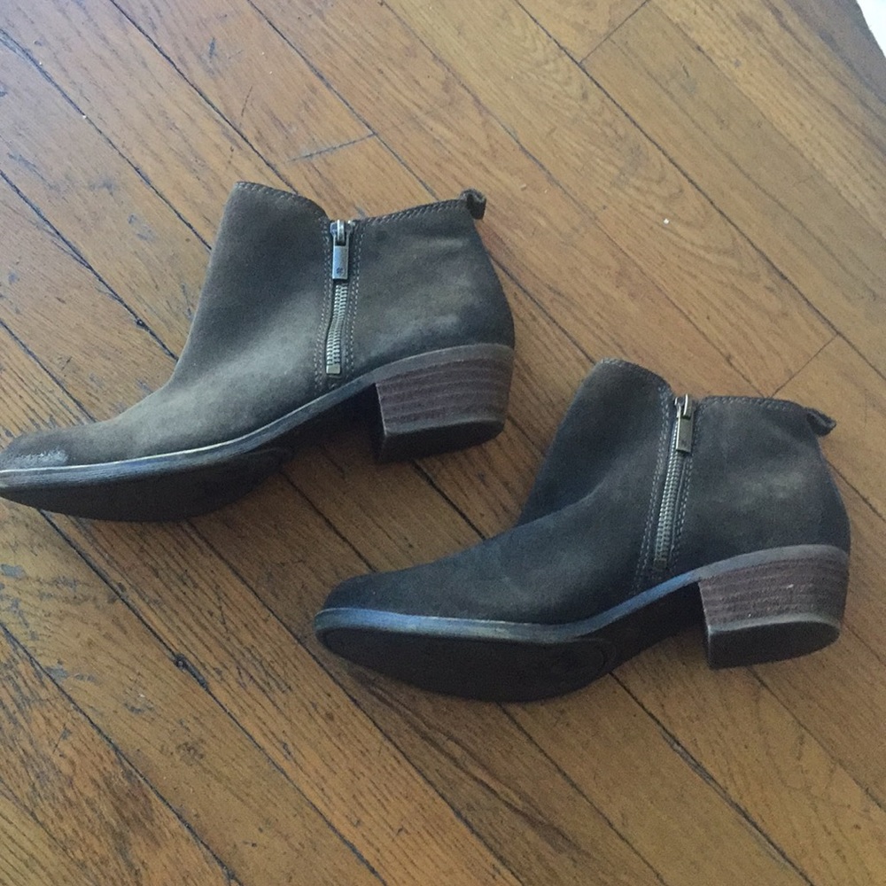Olive double zipped suede ankle boots.